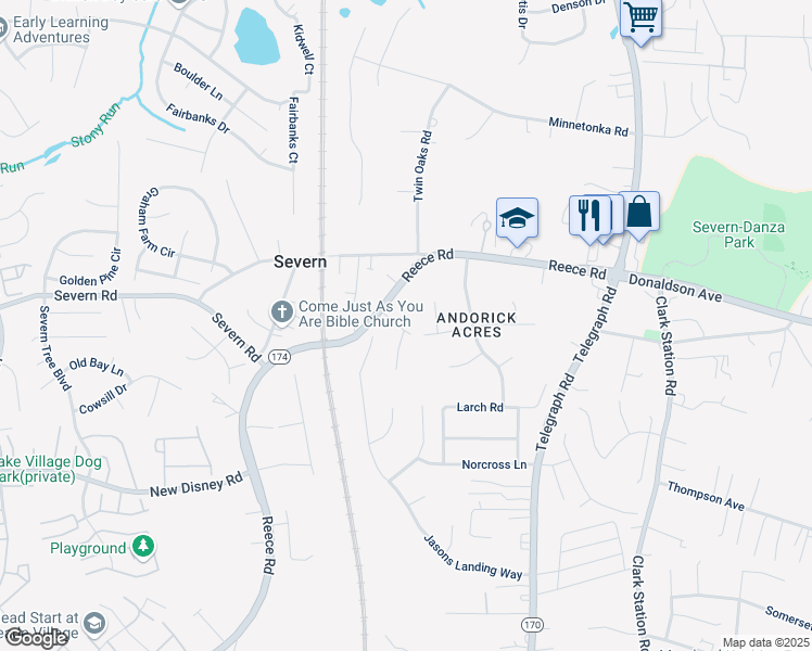 map of restaurants, bars, coffee shops, grocery stores, and more near 1512 Hideaway Place in Severn