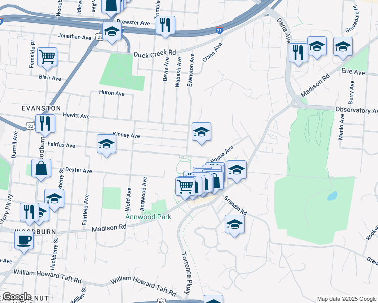 map of restaurants, bars, coffee shops, grocery stores, and more near 2004 Fairfax Avenue in Cincinnati