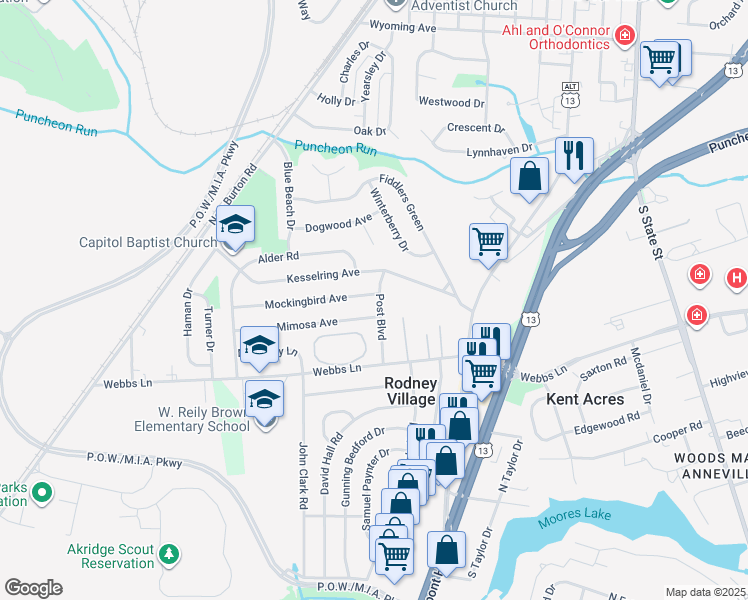 map of restaurants, bars, coffee shops, grocery stores, and more near 302 Mockingbird Avenue in Dover