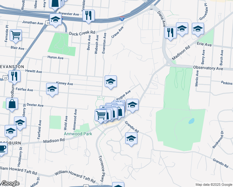 map of restaurants, bars, coffee shops, grocery stores, and more near 3116 Cinnamon Street in Cincinnati