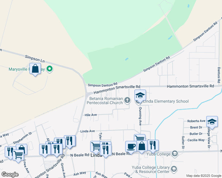 map of restaurants, bars, coffee shops, grocery stores, and more near 6232 Mapes Way in Linda
