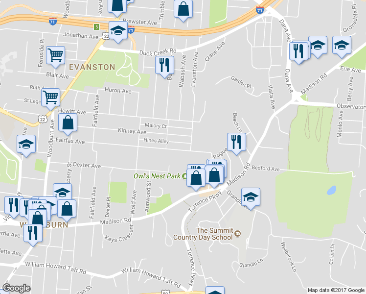 map of restaurants, bars, coffee shops, grocery stores, and more near 1976 Fairfax Avenue in Cincinnati