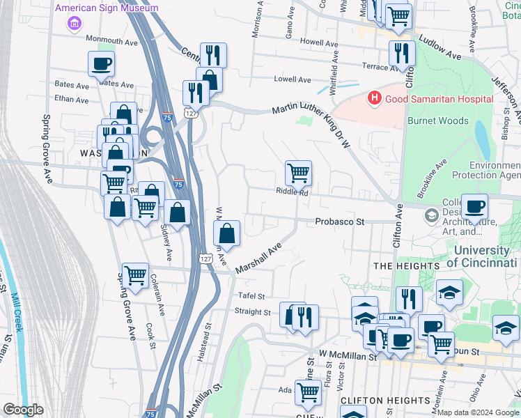 map of restaurants, bars, coffee shops, grocery stores, and more near 632 Probasco Street in Cincinnati