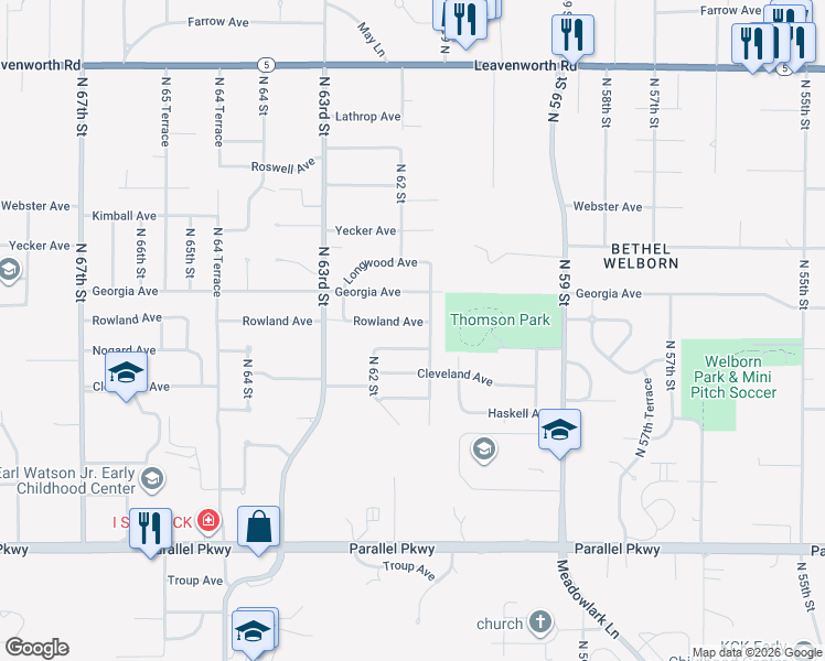 map of restaurants, bars, coffee shops, grocery stores, and more near 6111 Rowland Avenue in Kansas City