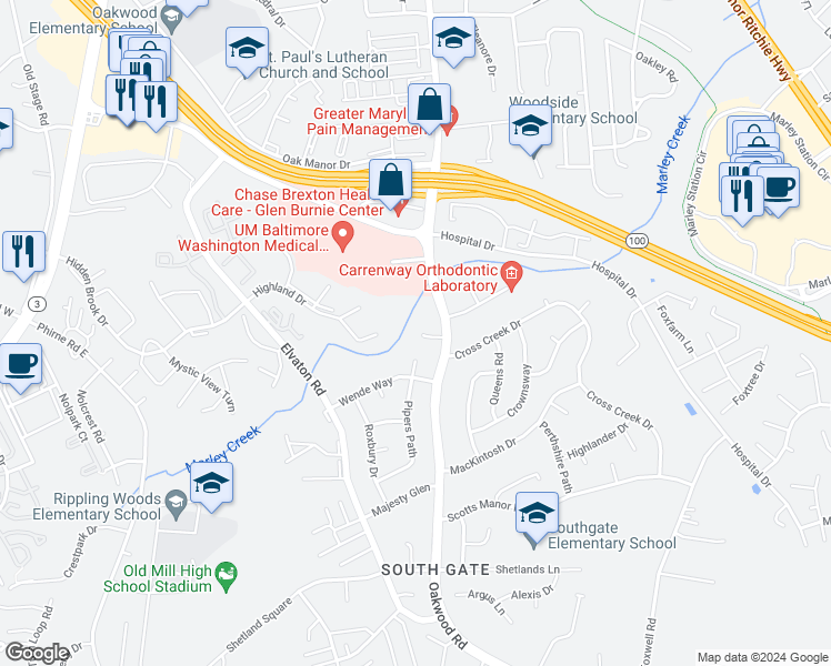 map of restaurants, bars, coffee shops, grocery stores, and more near 306 Canterbury Court in Glen Burnie