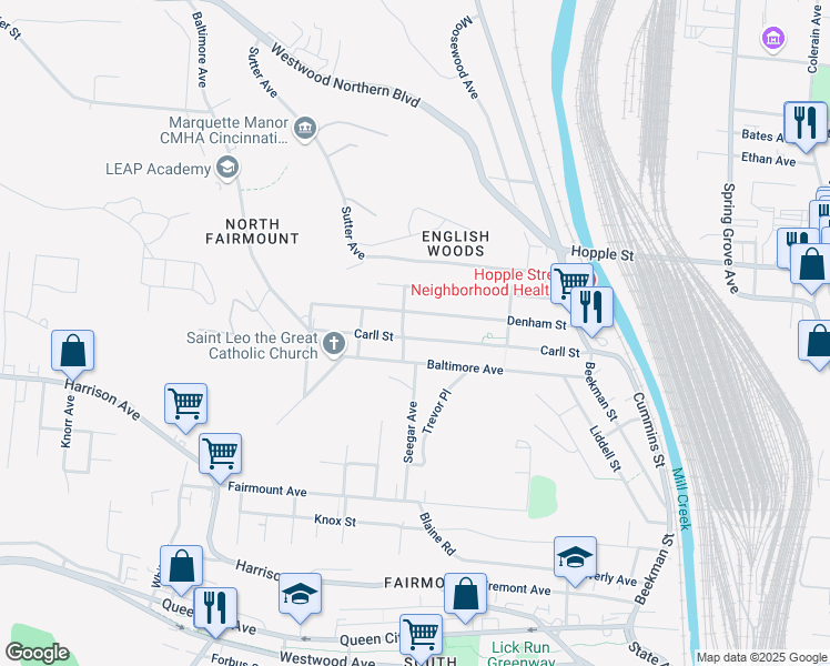 map of restaurants, bars, coffee shops, grocery stores, and more near 1778 Carll Street in Cincinnati