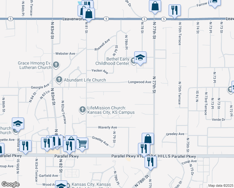 map of restaurants, bars, coffee shops, grocery stores, and more near 7917 Rowland Avenue in Kansas City