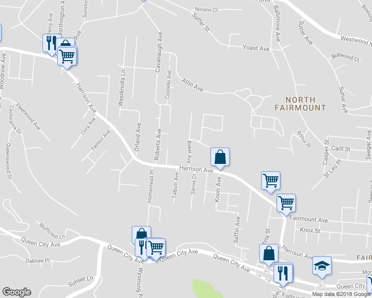 map of restaurants, bars, coffee shops, grocery stores, and more near 2739 Baker Avenue in Cincinnati