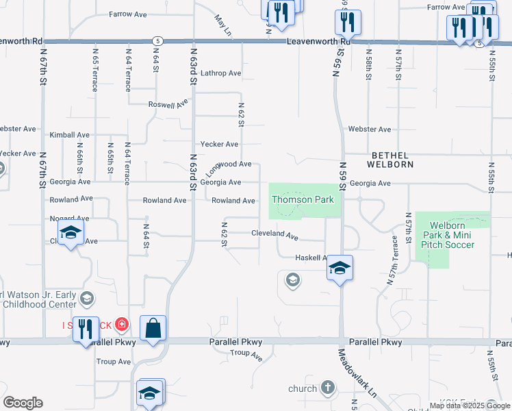 map of restaurants, bars, coffee shops, grocery stores, and more near 6111 Rowland Avenue in Kansas City
