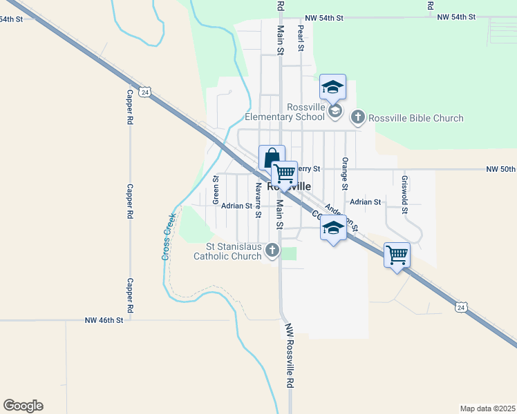 map of restaurants, bars, coffee shops, grocery stores, and more near 600 Navarre Street in Rossville