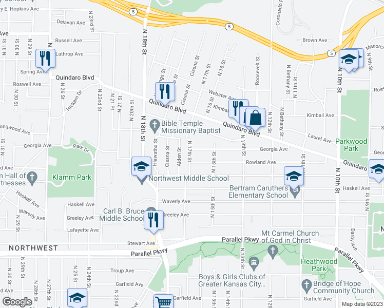 map of restaurants, bars, coffee shops, grocery stores, and more near 2539 North 17th Street in Kansas City