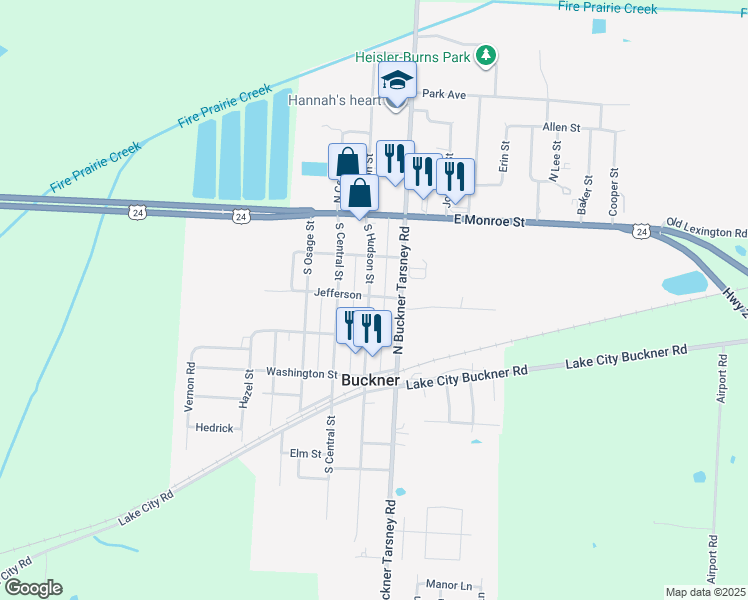 map of restaurants, bars, coffee shops, grocery stores, and more near 227 South Hudson Street in Buckner