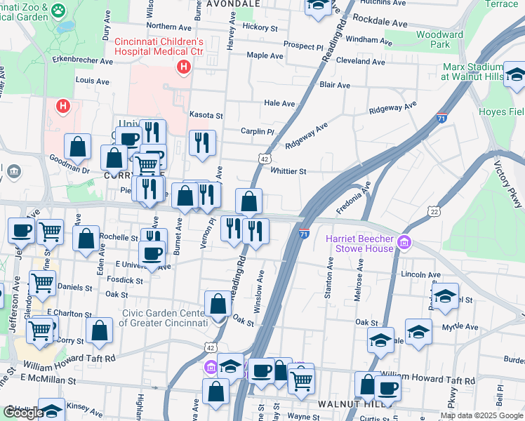 map of restaurants, bars, coffee shops, grocery stores, and more near in Cincinnati