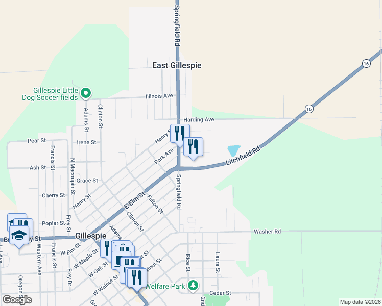 map of restaurants, bars, coffee shops, grocery stores, and more near 608 Calcari Street in Gillespie