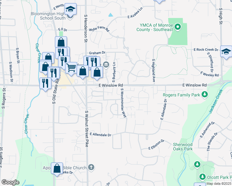 map of restaurants, bars, coffee shops, grocery stores, and more near 3146 South Carnaby Street in Bloomington