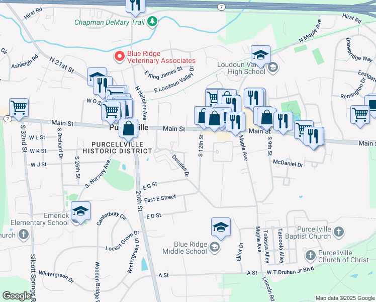 map of restaurants, bars, coffee shops, grocery stores, and more near 144 Positano Court in Purcellville