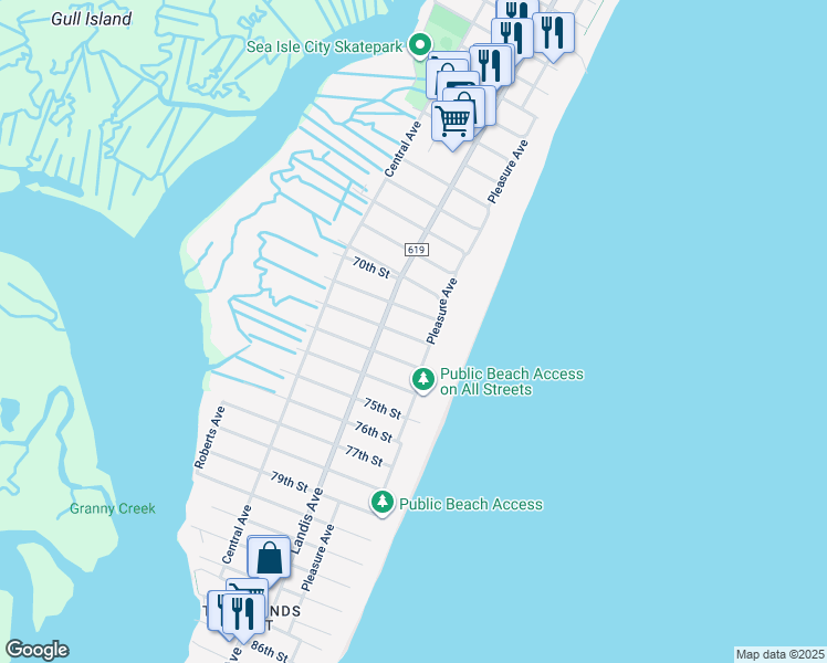 map of restaurants, bars, coffee shops, grocery stores, and more near 13 72nd Street in Sea Isle City