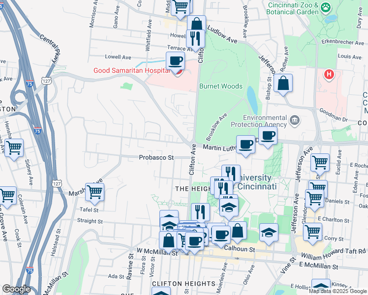 map of restaurants, bars, coffee shops, grocery stores, and more near 435 Riddle Rd in Cincinnati