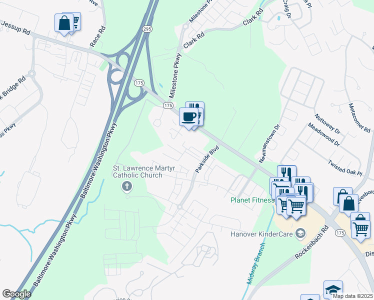 map of restaurants, bars, coffee shops, grocery stores, and more near 2737 Annapolis Road in Hanover