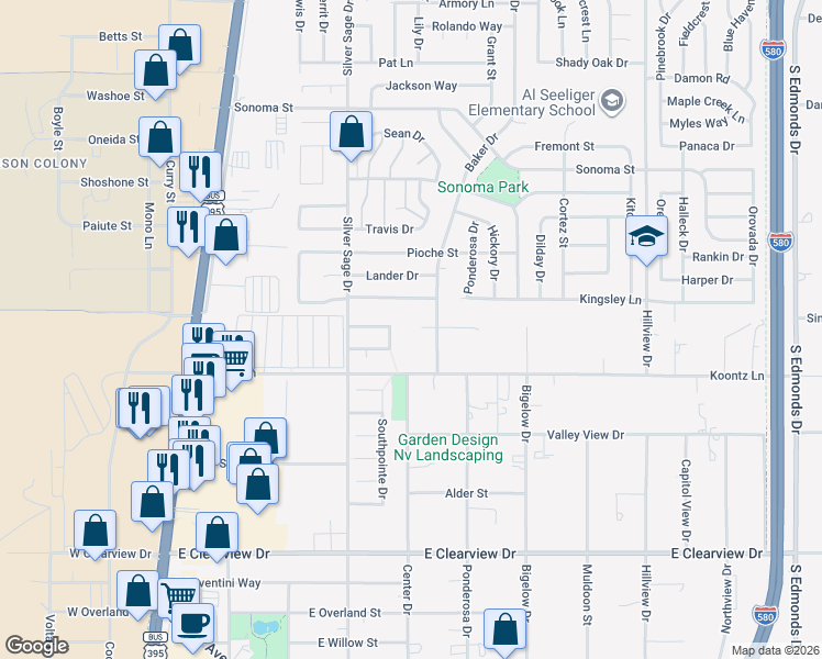 map of restaurants, bars, coffee shops, grocery stores, and more near 3531 Ashford Drive in Carson City