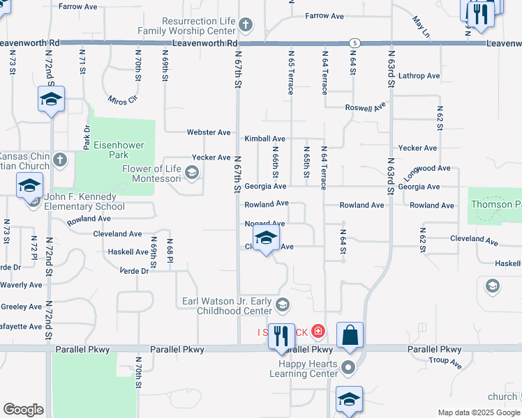 map of restaurants, bars, coffee shops, grocery stores, and more near 6611 Rowland Avenue in Kansas City