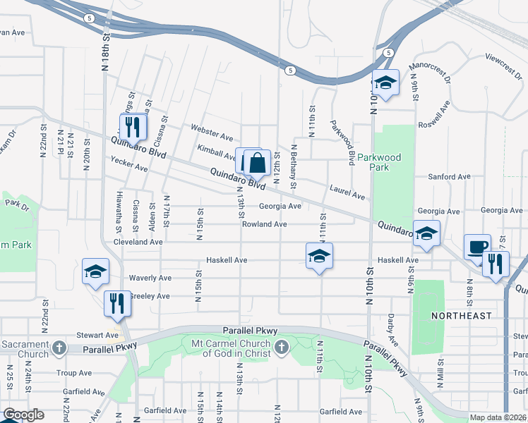map of restaurants, bars, coffee shops, grocery stores, and more near 1206 Rowland Avenue in Kansas City