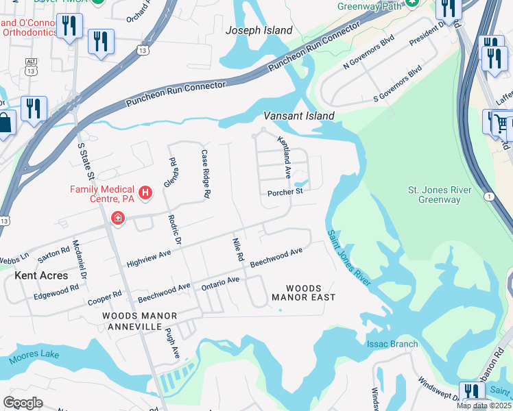 map of restaurants, bars, coffee shops, grocery stores, and more near 596 Kentland Avenue in Dover