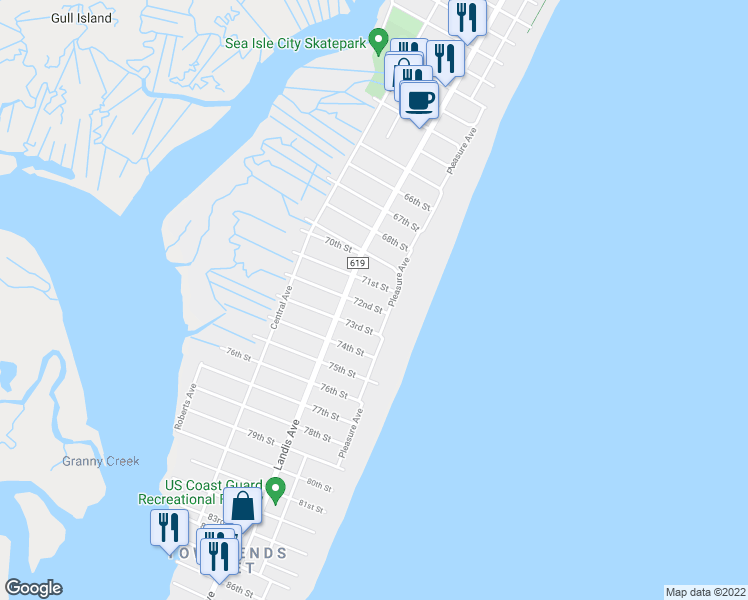 map of restaurants, bars, coffee shops, grocery stores, and more near 13 72nd Street in Sea Isle City