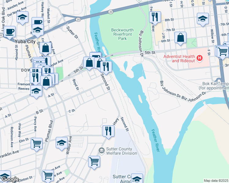 map of restaurants, bars, coffee shops, grocery stores, and more near 423 Second Street in Yuba City