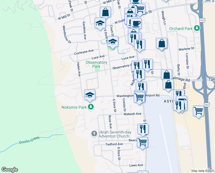 map of restaurants, bars, coffee shops, grocery stores, and more near 1186 South Dora Street in Ukiah