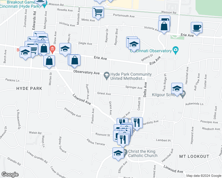 map of restaurants, bars, coffee shops, grocery stores, and more near 1308 Grace Avenue in Cincinnati