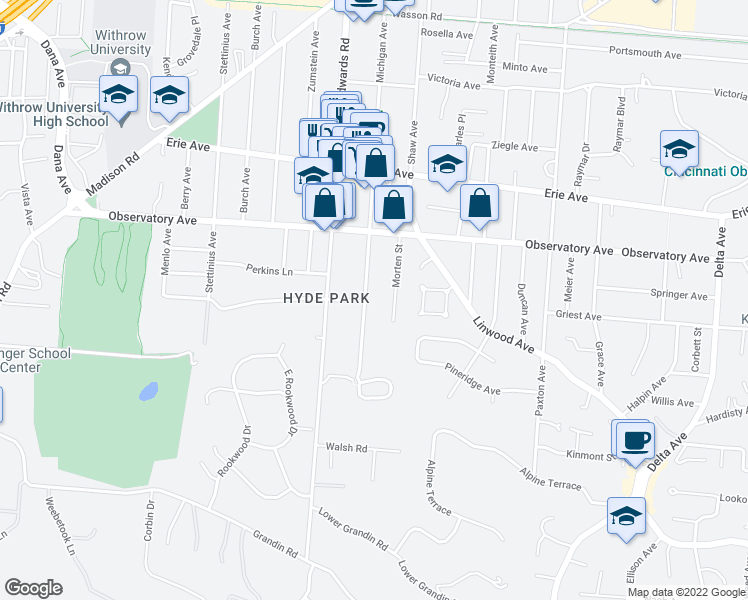 map of restaurants, bars, coffee shops, grocery stores, and more near 1271 Morten Street in Cincinnati