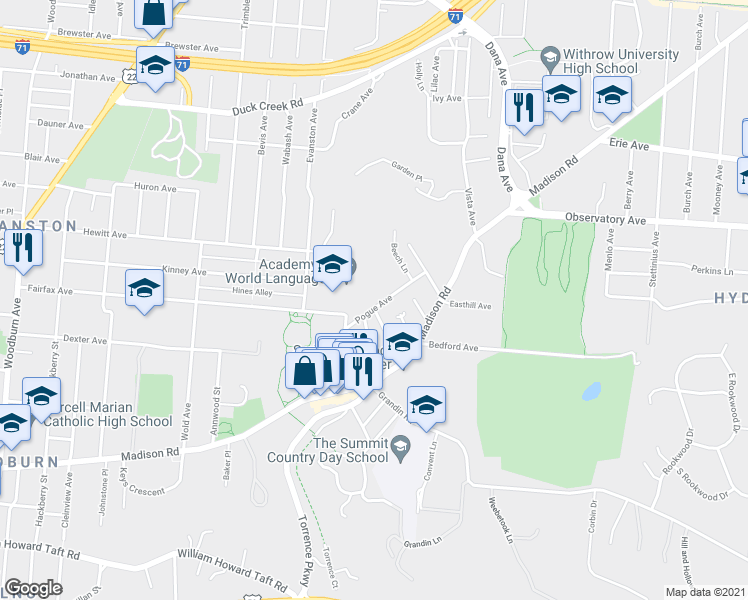 map of restaurants, bars, coffee shops, grocery stores, and more near 2115 Pogue Avenue in Cincinnati