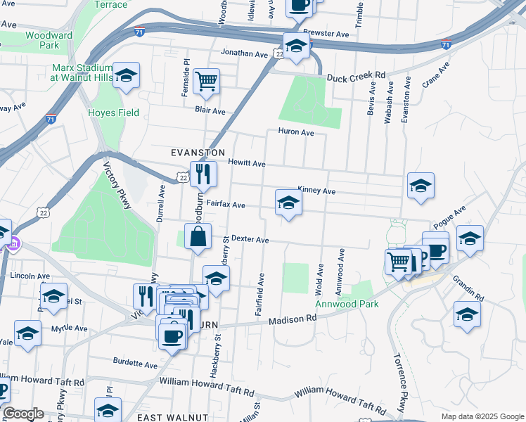 map of restaurants, bars, coffee shops, grocery stores, and more near 3141 Fairfield Avenue in Cincinnati