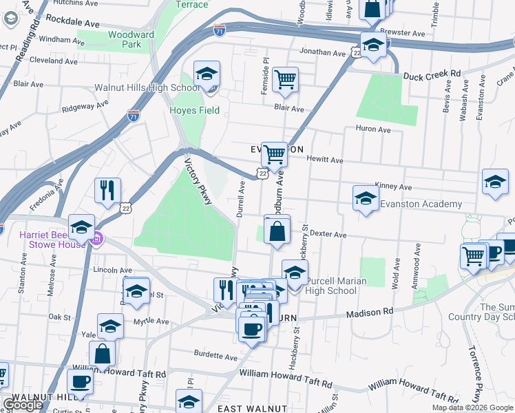 map of restaurants, bars, coffee shops, grocery stores, and more near 1530 Merrimac Street in Cincinnati