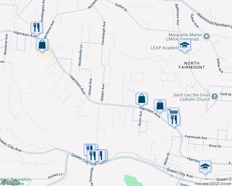 map of restaurants, bars, coffee shops, grocery stores, and more near 2739 Baker Avenue in Cincinnati