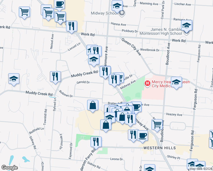 map of restaurants, bars, coffee shops, grocery stores, and more near 2712 Anderson Ferry Road in Cincinnati