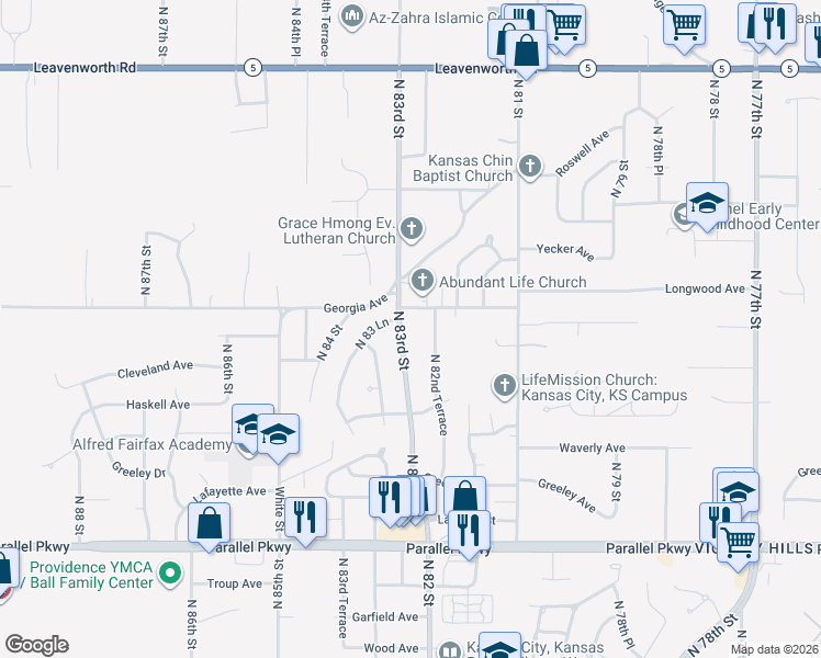 map of restaurants, bars, coffee shops, grocery stores, and more near 2612 North 82nd Terrace in Kansas City