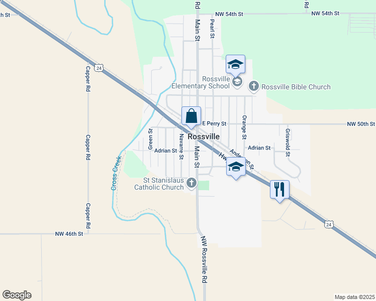 map of restaurants, bars, coffee shops, grocery stores, and more near 600-602 Navarre Street in Rossville