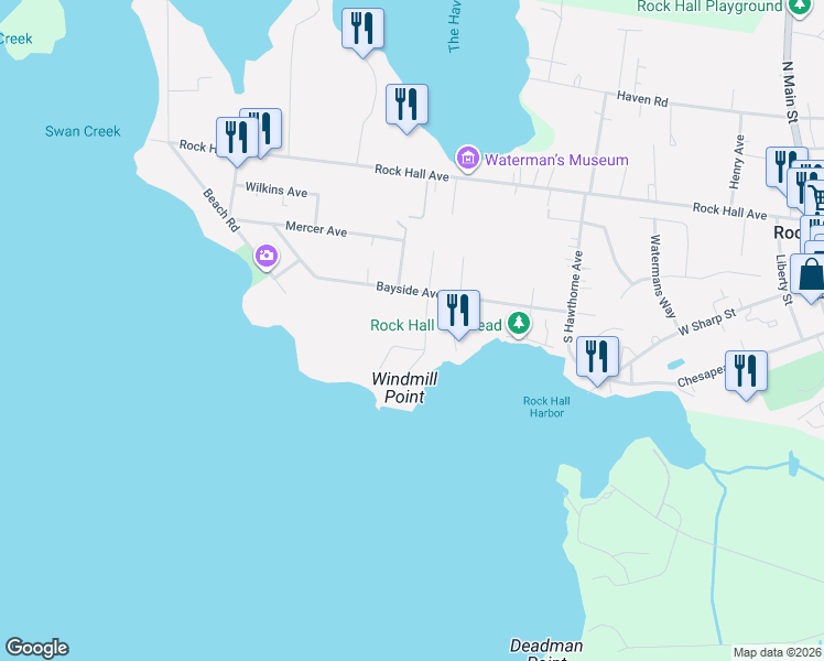 map of restaurants, bars, coffee shops, grocery stores, and more near 5698 Walnut St in Rock Hall