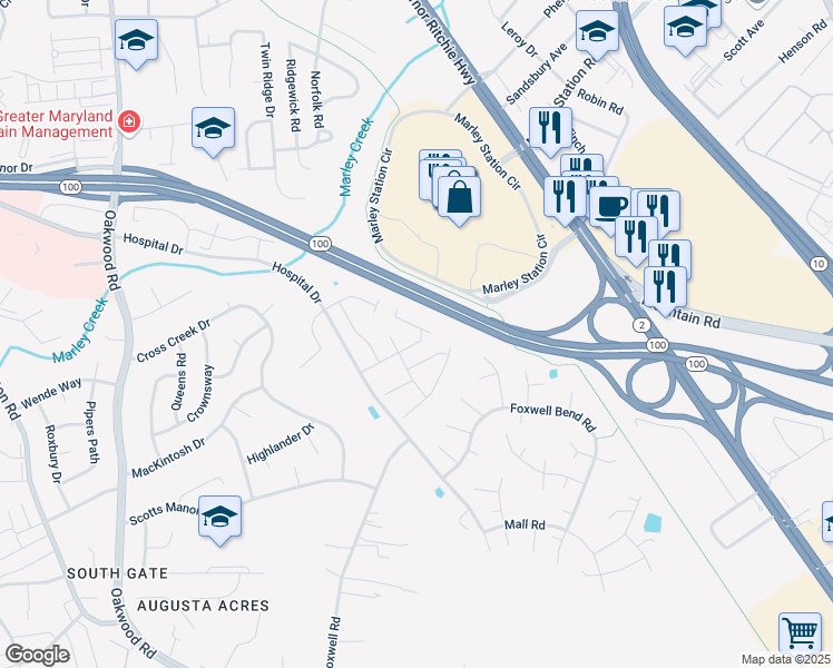 map of restaurants, bars, coffee shops, grocery stores, and more near 147 Foxview Drive in Glen Burnie
