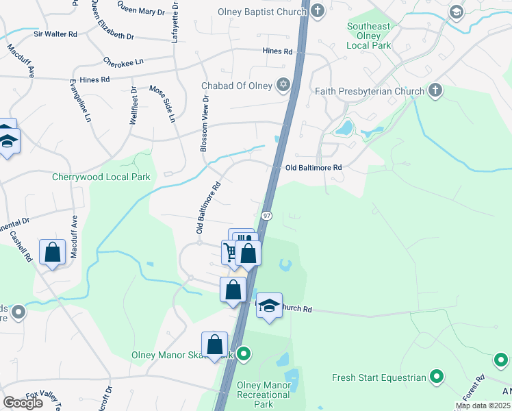 map of restaurants, bars, coffee shops, grocery stores, and more near 16940 Georgia Avenue in Olney