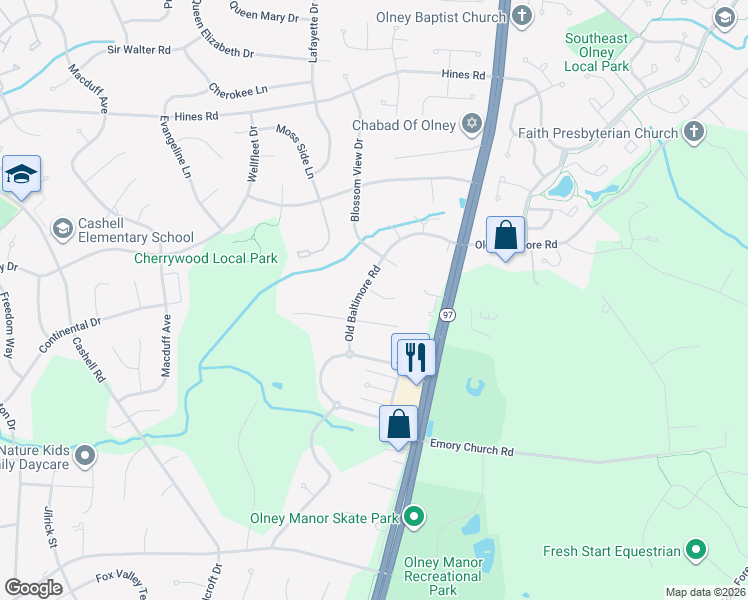 map of restaurants, bars, coffee shops, grocery stores, and more near 16 Old Baltimore Court in Olney