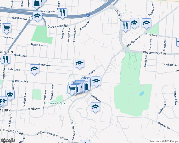 map of restaurants, bars, coffee shops, grocery stores, and more near 2112 Pogue Avenue in Cincinnati