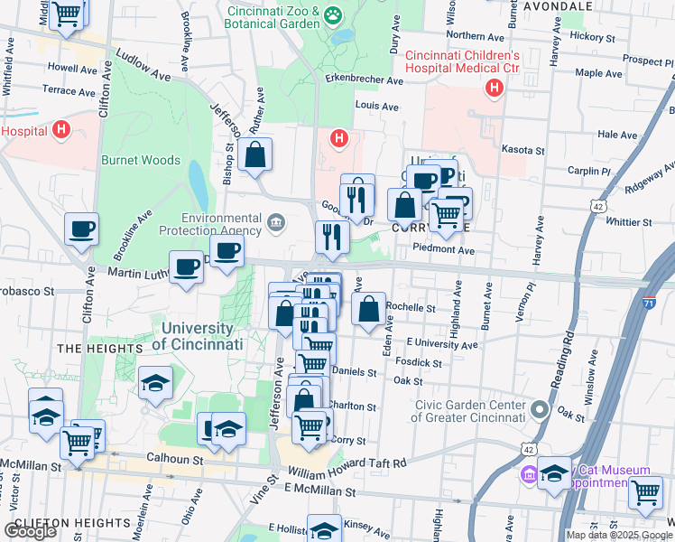 map of restaurants, bars, coffee shops, grocery stores, and more near 711 Martin Luther King Drive West in Cincinnati