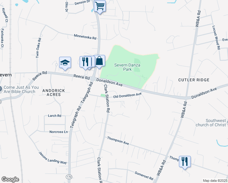map of restaurants, bars, coffee shops, grocery stores, and more near 740 Donaldson Avenue in Severn