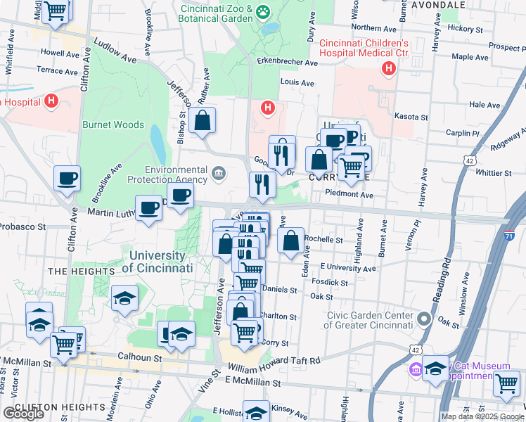 map of restaurants, bars, coffee shops, grocery stores, and more near 711 Martin Luther King Drive West in Cincinnati