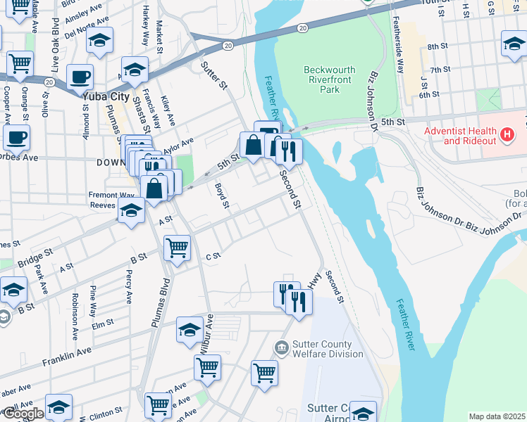 map of restaurants, bars, coffee shops, grocery stores, and more near 254 B Street in Yuba City