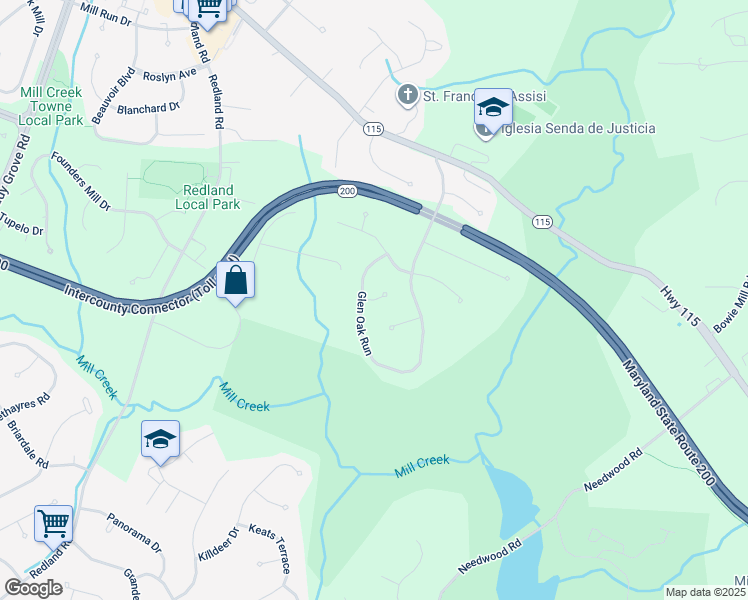 map of restaurants, bars, coffee shops, grocery stores, and more near Glen Oak Court in Redland