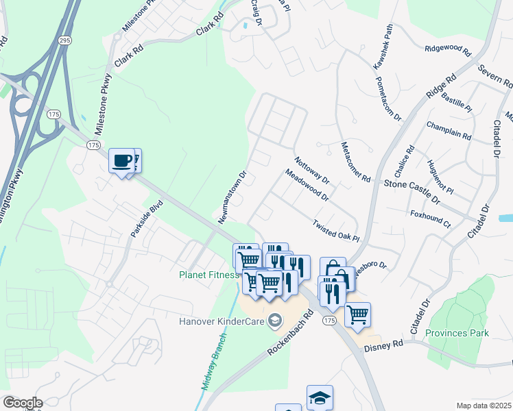 map of restaurants, bars, coffee shops, grocery stores, and more near 8369 Meadowood Drive in Severn